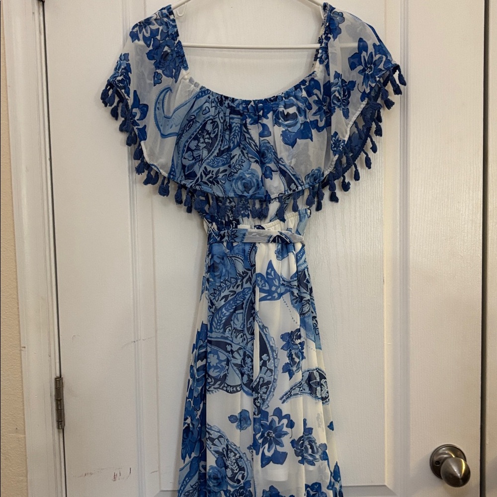 ABBELINE Blue White Off-Shoulder Maxi Lined Gathered Belted Waistline Ruffled S